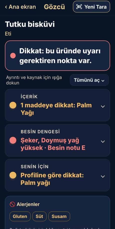 Ürün sonuç ekranı: üç ışık